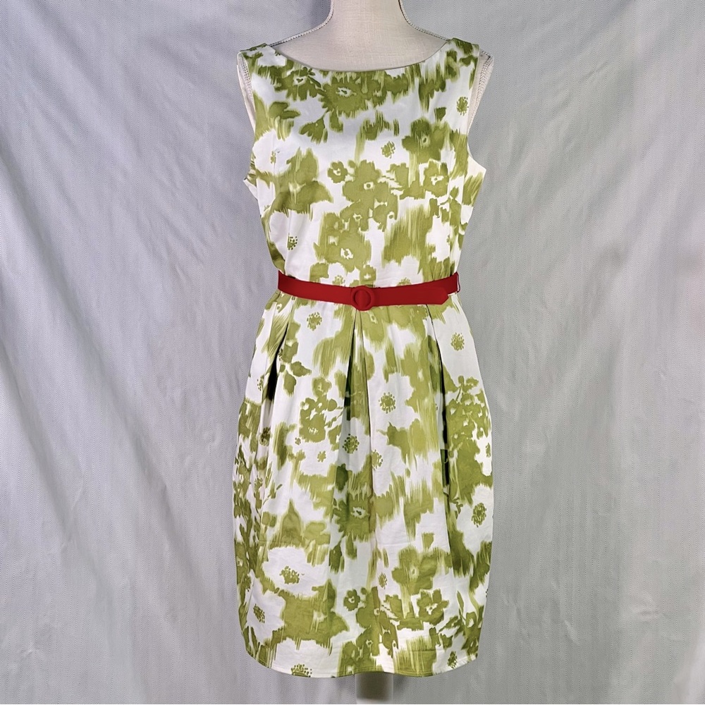 Jessica Howard Green & White Sleeveless V Back Fit & Flare Dress Pink Belt 12